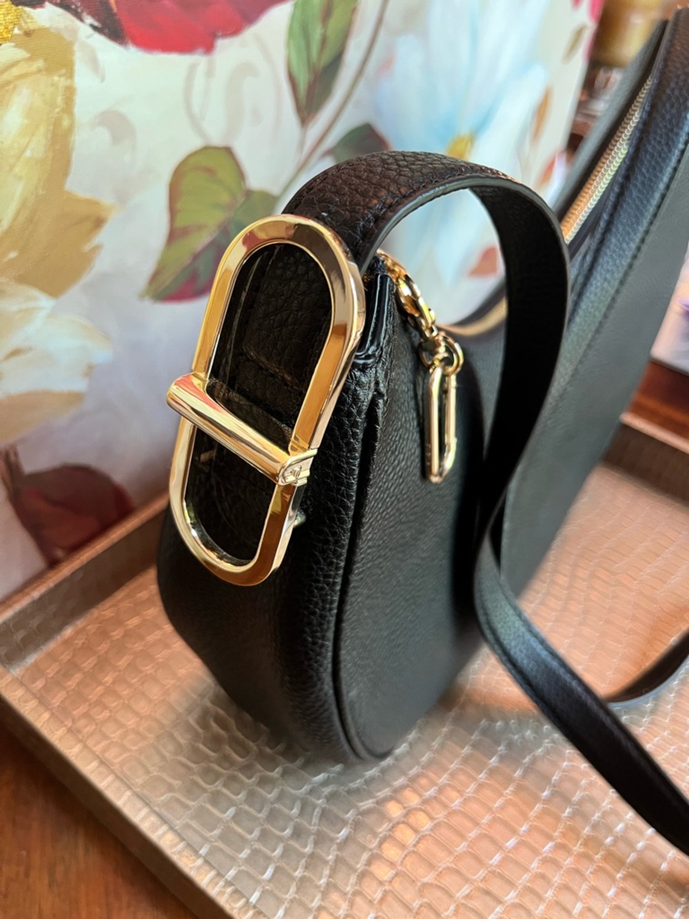Furla MiaLuna Black Pebbled Leather Crescent Crossbody Bag w/Gold Hardware- NWOT - Picture 6 of 17